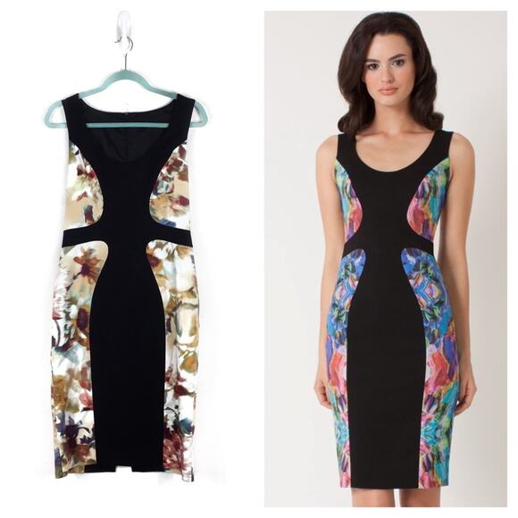 Black Halo Annabelle Sheath Midi Dress 6 Colorblock Abstract Panel Sleeveless - Picture 1 of 15